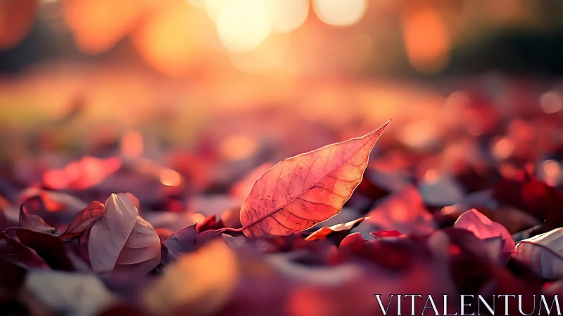 Soft sunset glow on a single autumn leaf at rest.