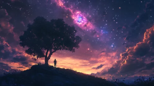 Silhouette under lone tree observing luminous galactic sky
