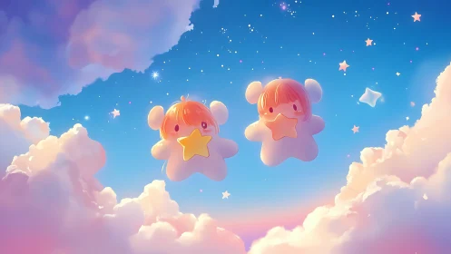 Soft pastel star sprites floating in luminous gradient cloudscape