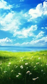 Wildflower shoreline meadow glows under radiant summer sky