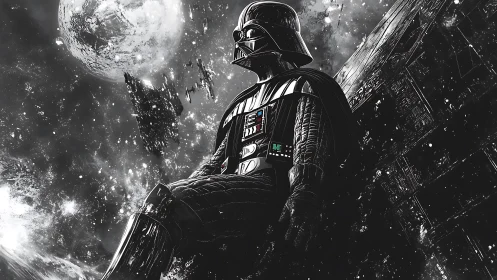 Armored sci fi figure in deep space near large structure.