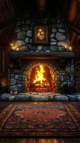 Medieval Stone Fireplace with Roaring Fire and Candles.
