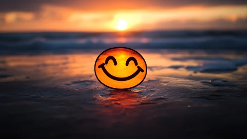 Smiley face icon glowing on wet beach at vivid sunset.