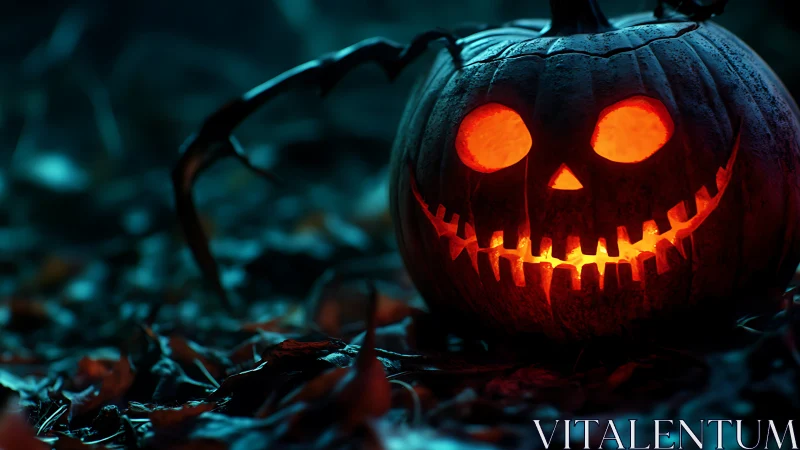 Glowing jack-o’-lantern emits eerie light in nocturnal forest