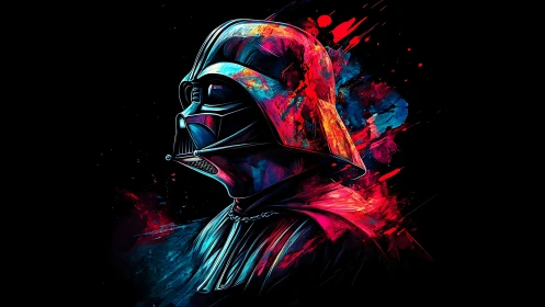 Neon-lit dark warrior helmet in explosive abstract color burst.