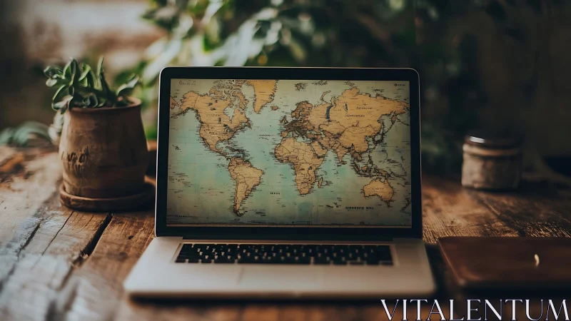 Photorealistic laptop display with vintage world map interface.