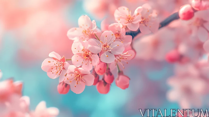 Pink Cherry Blossom Clusters with Shallow Depth of Field and Turquoise Sky