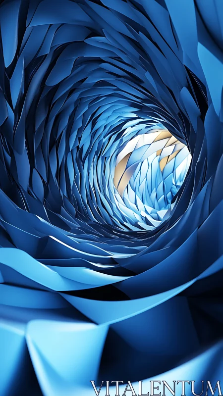 Spiraling blue vortex with layered metallic ribbons and light.