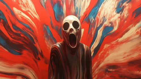 Surging colors swirl behind a haunting masked figure in motion