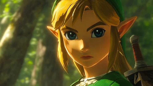 Heroic elf warrior gazes ahead in a sunlit forest