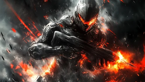 Armored sci fi soldier fires rifle through explosive flames
