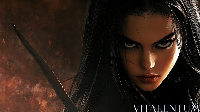 Fierce warrior woman glares past blade under harsh lighting