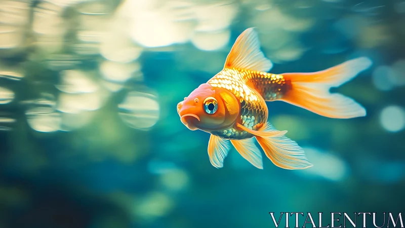 Vibrant goldfish glides through teal bokeh water.
