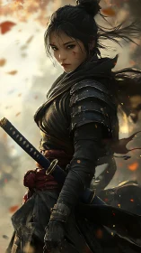 Scarred samurai heroine amid ember-swirled battlefield hush.