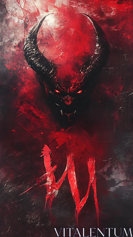 Demonic horned visage emerges from blood-red abstraction.