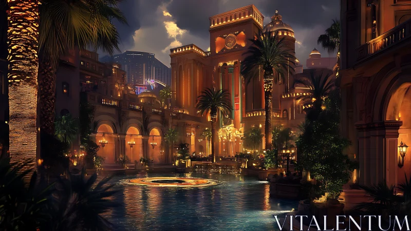 Golden evening escape by a glowing palace canal resort.