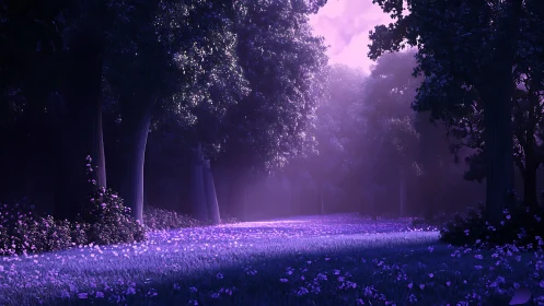 Enchanted Forest Path Glowing in Purple Twilight.