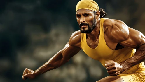 Muscular sprinter in yellow powers forward with fierce focus