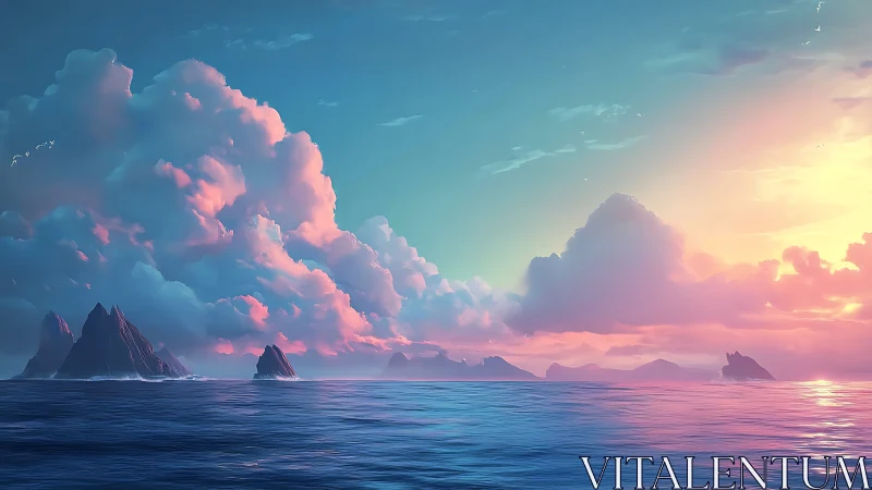 Sunlit cumulonimbus over tranquil oceanic islets at dusk
