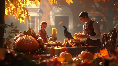 Autumn courtyard table with pumpkins, figures and black bird.