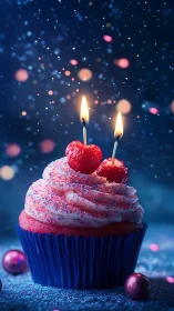 Decorated cupcake with dual candles against blue bokeh background.