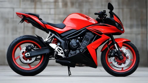 Red sport motorcycle with exposed frame, twin disc brakes and mono-shock