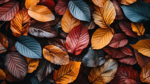 Overlapping autumn leaves show mixed warm and cool tones
