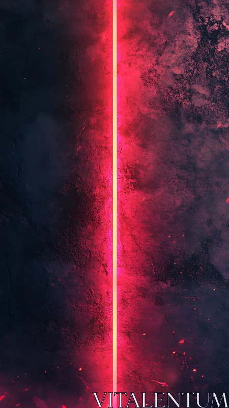 Neon magenta light slice divides charred stone wall.