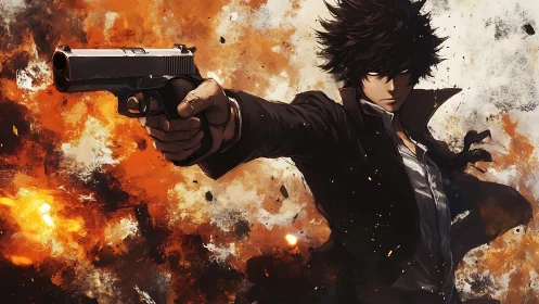 Gunman extends pistol through fiery explosion background