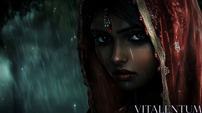 Female figure in red embroidered veil under rainfall at night.