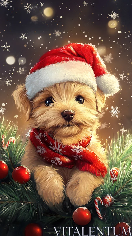 Digital dog portrait shows festive attire and pine decor