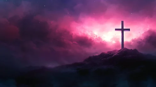 Cross silhouette on hill under vivid pink and purple sky.