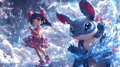 Sky-splashed companions leap through petals and waterlight