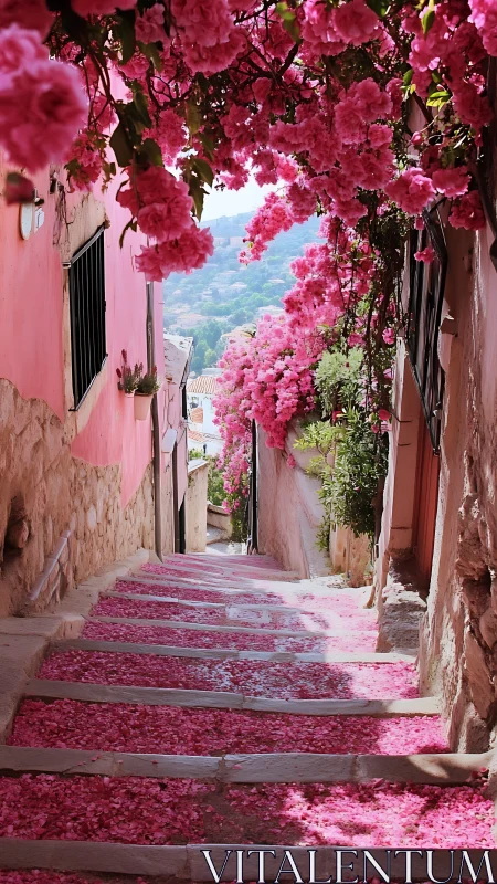 Pink Bougainvillea Archway Over Cobblestone Steps Valley