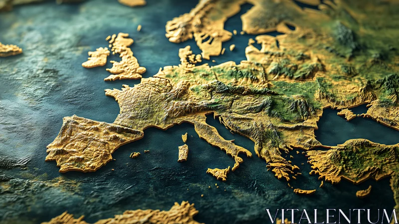 Rendered relief map of Europe glows with dramatic lighting