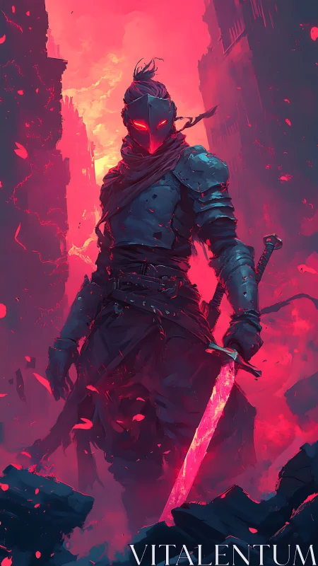 Digital painting of neon-lit warrior in apocalyptic ruins.