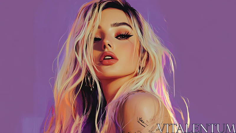 Contemporary portrait featuring platinum blonde female subject against purple gradient backdrop.