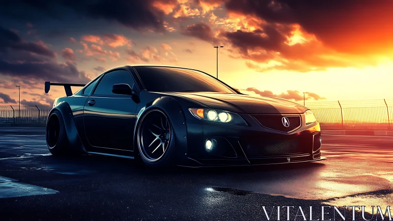 Midnight-tuned Acura coupe glows under dramatic sunset sky.