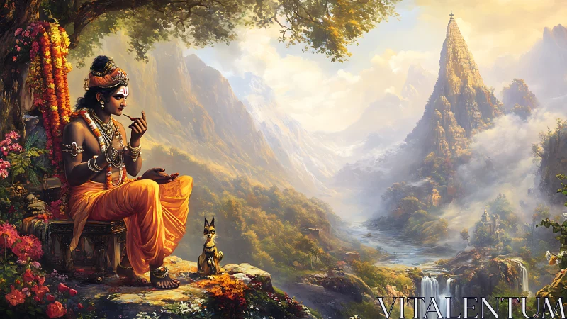 Peaceful deity rests above misty valley of mountains and waterfalls