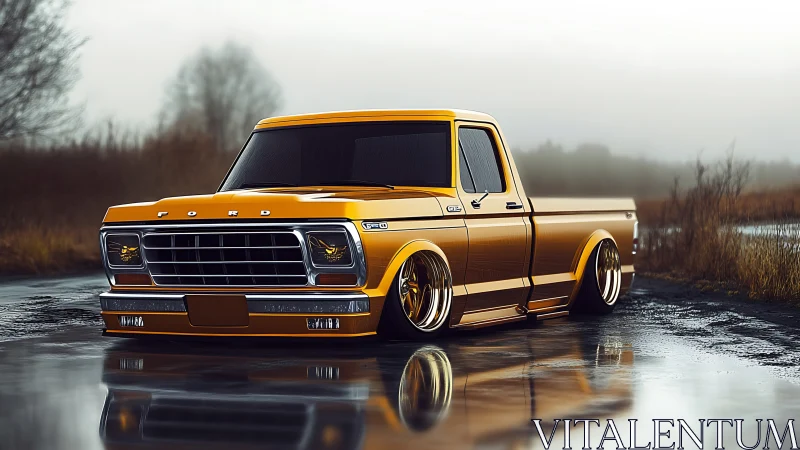 Golden lowrider truck cruising through a misty backroad day.