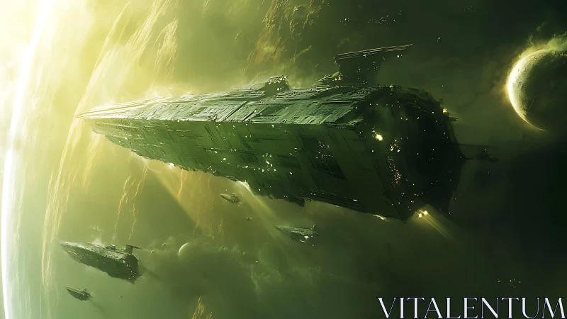 Colossal green starship glides through eerie alien orbit