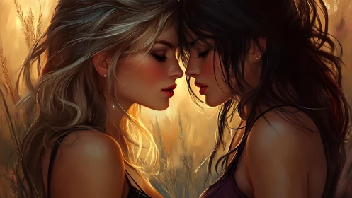 Two women in warm golden light share intimate moment.