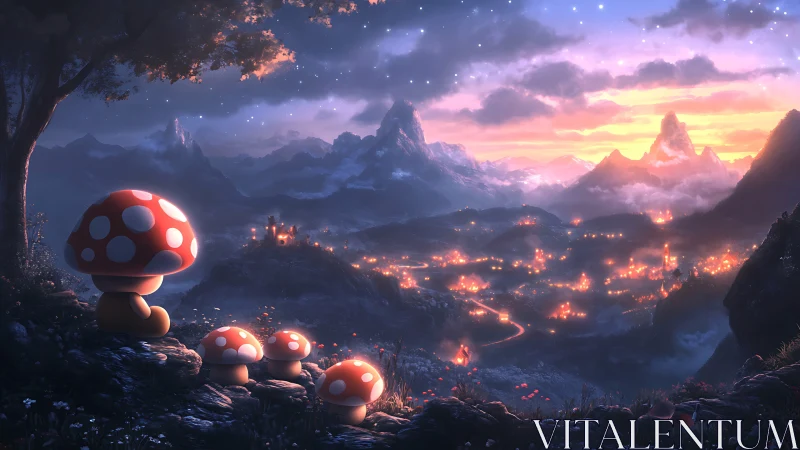 Mushroom friends overlook a glowing valley at twilight.