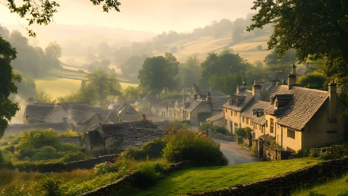 Honeyed mist over stone cottage lanes at countryside dawn.