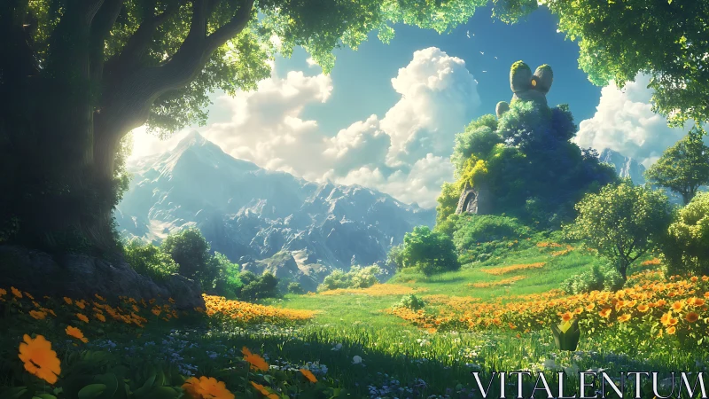 Luminous mountain meadow with sculpted rabbit hill and florals.