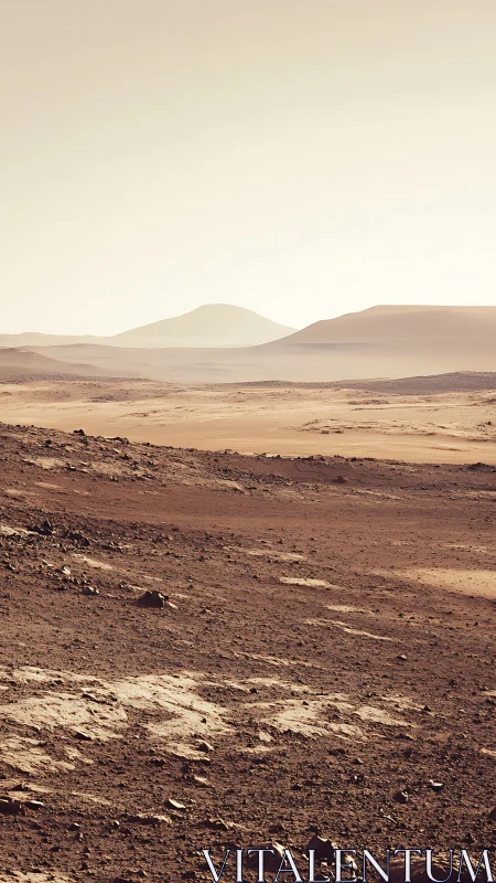 Desert landscape shows rocky foreground with soft distant dunes