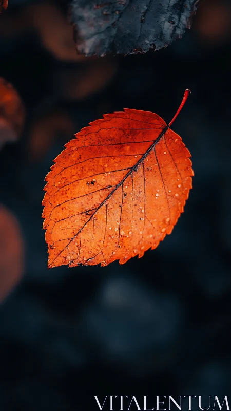 Single wet orange leaf is isolated against a dark background