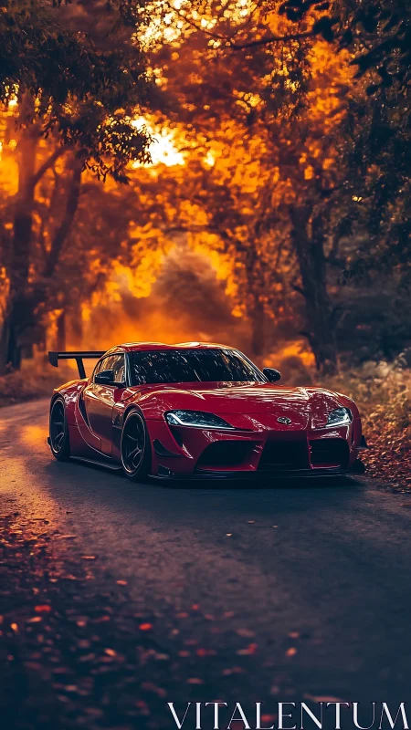 Red sports car on forest road under warm autumn light.