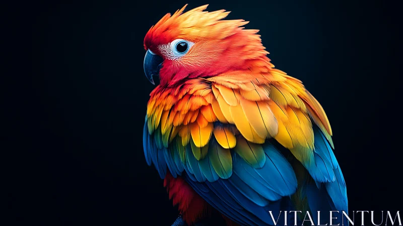 Vibrant Parrot Portrait with Colorful Feathers on Dark Background.