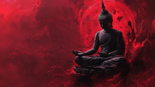 Dark Buddha statue in red cosmic storm background.